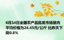 6月14日全国农产品批发市场猪肉平均价格为24.45元/公斤 比昨天下降0.8%