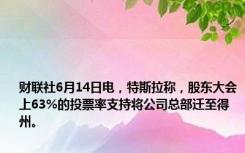 财联社6月14日电，特斯拉称，股东大会上63%的投票率支持将公司总部迁至得州。