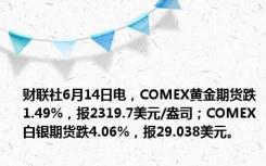 财联社6月14日电，COMEX黄金期货跌1.49%，报2319.7美元/盎司；COMEX白银期货跌4.06%，报29.038美元。