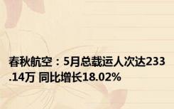 春秋航空：5月总载运人次达233.14万 同比增长18.02%