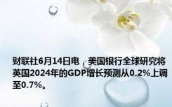 财联社6月14日电，美国银行全球研究将英国2024年的GDP增长预测从0.2%上调至0.7%。