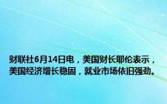 财联社6月14日电，美国财长耶伦表示，美国经济增长稳固，就业市场依旧强劲。