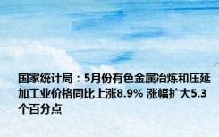 国家统计局：5月份有色金属冶炼和压延加工业价格同比上涨8.9% 涨幅扩大5.3个百分点