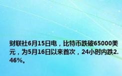 财联社6月15日电，比特币跌破65000美元，为5月16日以来首次，24小时内跌2.46%。