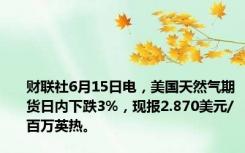 财联社6月15日电，美国天然气期货日内下跌3%，现报2.870美元/百万英热。