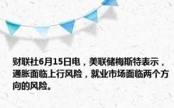 财联社6月15日电，美联储梅斯特表示，通胀面临上行风险，就业市场面临两个方向的风险。