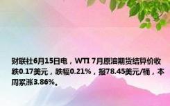 财联社6月15日电，WTI 7月原油期货结算价收跌0.17美元，跌幅0.21%，报78.45美元/桶，本周累涨3.86%。