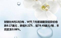 财联社6月15日电，WTI 7月原油期货结算价收跌0.17美元，跌幅0.21%，报78.45美元/桶，本周累涨3.86%。