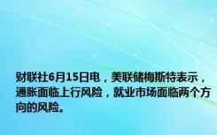 财联社6月15日电，美联储梅斯特表示，通胀面临上行风险，就业市场面临两个方向的风险。