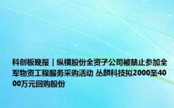 科创板晚报｜纵横股份全资子公司被禁止参加全军物资工程服务采购活动 丛麟科技拟2000至4000万元回购股份