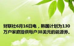 财联社6月16日电，韩国计划为130万户家庭提供每户38美元的能源券。