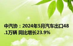 中汽协：2024年5月汽车出口48.1万辆 同比增长23.9%