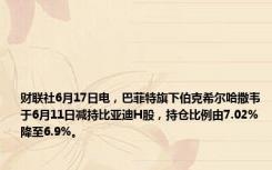 财联社6月17日电，巴菲特旗下伯克希尔哈撒韦于6月11日减持比亚迪H股，持仓比例由7.02%降至6.9%。