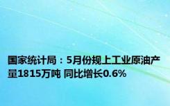 国家统计局：5月份规上工业原油产量1815万吨 同比增长0.6%