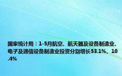 国家统计局：1-5月航空、航天器及设备制造业、电子及通信设备制造业投资分别增长53.1%、10.4%