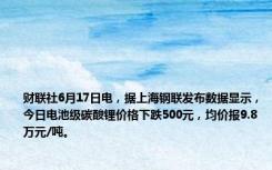 财联社6月17日电，据上海钢联发布数据显示，今日电池级碳酸锂价格下跌500元，均价报9.8万元/吨。