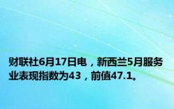 财联社6月17日电，新西兰5月服务业表现指数为43，前值47.1。