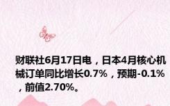 财联社6月17日电，日本4月核心机械订单同比增长0.7%，预期-0.1%，前值2.70%。