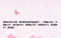 财联社6月17日电，国内期货夜盘开盘涨跌不一，沪铜跌1.08%，沪锡跌1.3%，铁矿跌0.31%，焦煤跌1.28%，纸浆涨0.57%，原油跌0.2%，燃油跌0.