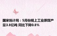 国家统计局：5月份规上工业原煤产量3.8亿吨 同比下降0.8%