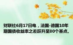 财联社6月17日电，法国-德国10年期国债收益率之差跃升至80个基点。