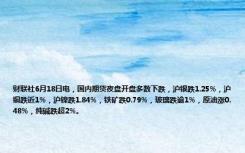 财联社6月18日电，国内期货夜盘开盘多数下跌，沪银跌1.25%，沪铜跌近1%，沪镍跌1.84%，铁矿跌0.79%，玻璃跌逾1%，原油涨0.48%，纯碱跌超2%。