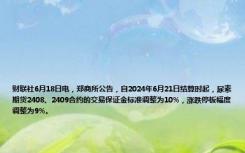 财联社6月18日电，郑商所公告，自2024年6月21日结算时起，尿素期货2408、2409合约的交易保证金标准调整为10%，涨跌停板幅度调整为9%。