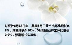 财联社6月18日电，美国5月工业产出环比增长0.9%，预期增长0.30%；5月制造业产出环比增长0.9%，预期增长0.30%。