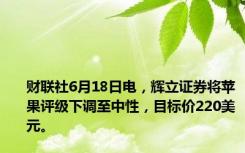 财联社6月18日电，辉立证券将苹果评级下调至中性，目标价220美元。