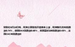 财联社6月18日电，欧洲主要股指开盘集体上涨，欧洲斯托克50指数涨0.74%，德国DAX指数涨0.65%，英国富时100指数涨0.43%，法国CAC40指数涨0