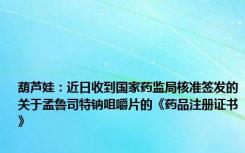 葫芦娃：近日收到国家药监局核准签发的关于孟鲁司特钠咀嚼片的《药品注册证书》