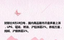 财联社6月19日电，国内商品期市开盘多数上涨，LPG、锰硅、燃油、沪铅涨超2%。跌幅方面，纯碱、沪镍跌超1%。