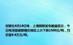 财联社6月19日电，上海钢联发布数据显示，今日电池级碳酸锂价格较上次下跌1500元/吨，均价报9.6万元/吨。