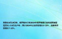 财联社6月19日电，俄罗斯央行将2024年俄罗斯银行业利润预测提高至3.1-3.6万亿卢布；预计2024年企业贷款增长8-13%，消费者贷款增长7-12%。