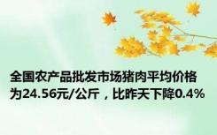 全国农产品批发市场猪肉平均价格为24.56元/公斤，比昨天下降0.4%