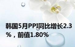 韩国5月PPI同比增长2.3%，前值1.80%