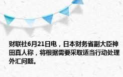 财联社6月21日电，日本财务省副大臣神田真人称，将根据需要采取适当行动处理外汇问题。