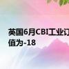 英国6月CBI工业订单差值为-18