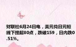 财联社6月24日电，美元兑日元短线下挫超80点，跌破159，日内跌0.51%。