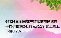 6月24日全国农产品批发市场猪肉平均价格为24.38元/公斤 比上周五下降0.7%