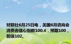 财联社6月25日电，美国6月谘商会消费者信心指数100.4，预期100，前值102。