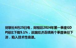 财联社6月25日电，阿根廷2024年第一季度GDP同比下降5.1%，该国经济连续两个季度录得下滑，陷入技术性衰退。