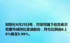 财联社6月25日电，巴菲特旗下伯克希尔哈撒韦减持比亚迪股份，持仓比例由6.18%降至5.99%。