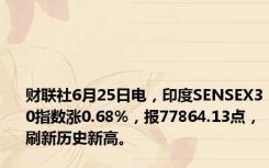 财联社6月25日电，印度SENSEX30指数涨0.68%，报77864.13点，刷新历史新高。