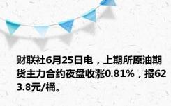 财联社6月25日电，上期所原油期货主力合约夜盘收涨0.81%，报623.8元/桶。