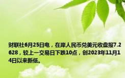 财联社6月25日电，在岸人民币兑美元收盘报7.2628，较上一交易日下跌10点，创2023年11月14日以来新低。