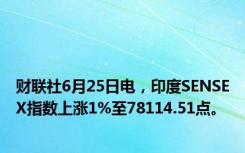 财联社6月25日电，印度SENSEX指数上涨1%至78114.51点。