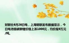 财联社6月26日电，上海钢联发布数据显示，今日电池级碳酸锂价格上涨1000元，均价报9万元/吨。