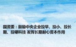 国资委：鼓励中央企业投早、投小、投长期、投硬科技 发挥长期耐心资本作用