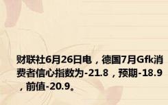 财联社6月26日电，德国7月Gfk消费者信心指数为-21.8，预期-18.9，前值-20.9。